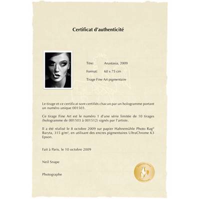 HAHNEMUHLE Certificat d'authenticité