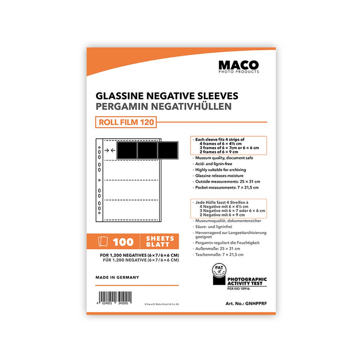 MACO Feuillets cristal A4 pour negatif 120, 100 feuilles