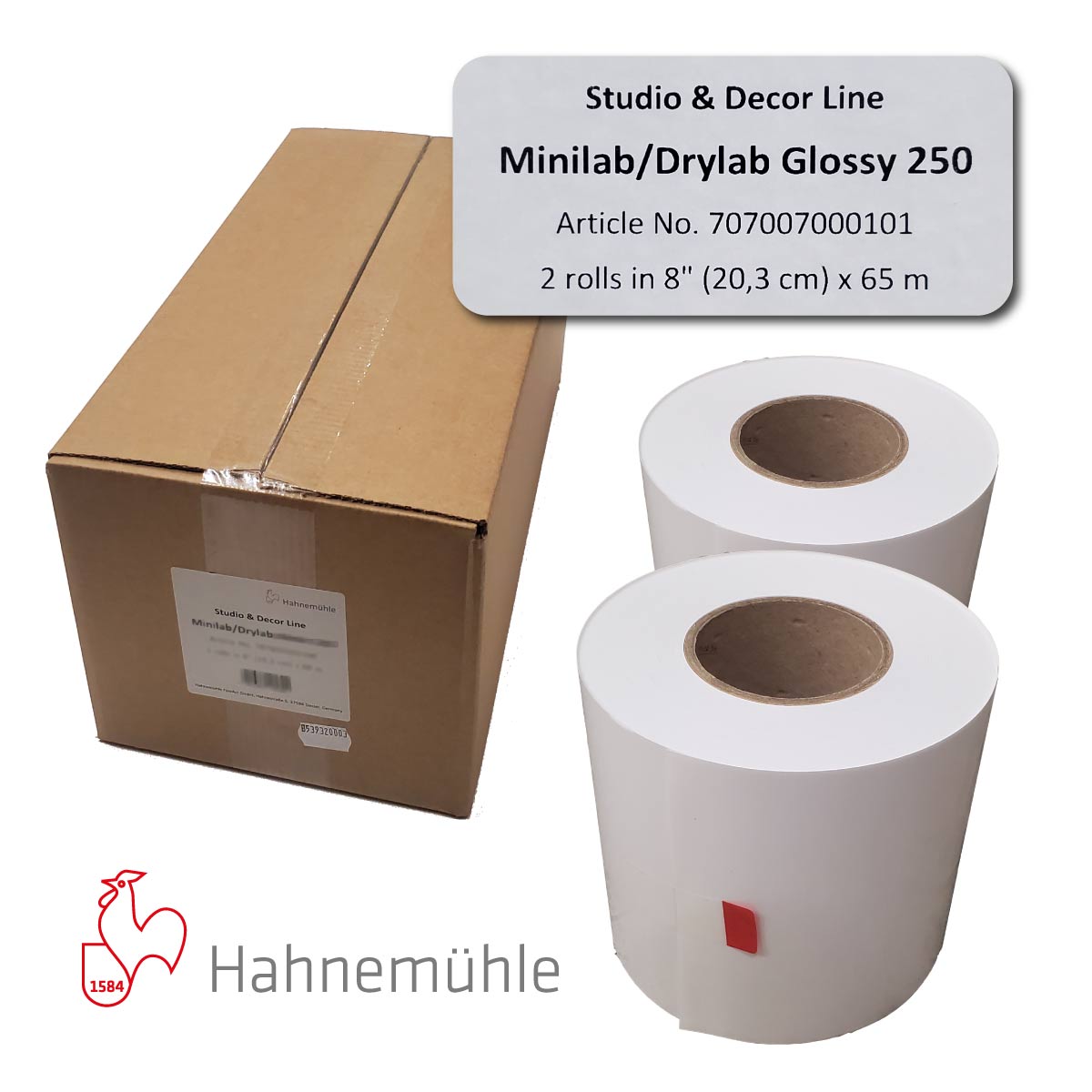 HAHNEMUHLE Papier Brillant 250g 20,3cm x 65m pour D700/800/1000 2 rlx
