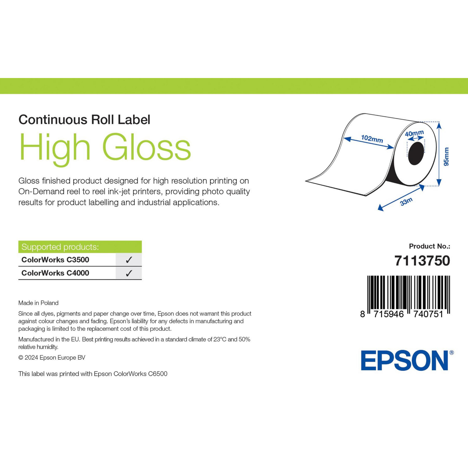 Papier jet d’encre High Gloss pour étiquettes - Rouleau continu - 102mm x 33m